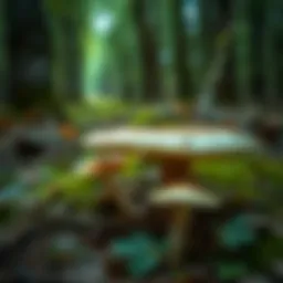 A lush forest floor featuring matsutake mushrooms in their natural habitat