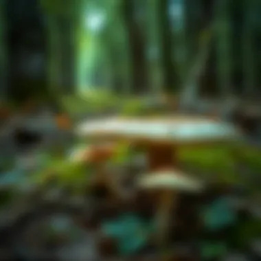 A lush forest floor featuring matsutake mushrooms in their natural habitat