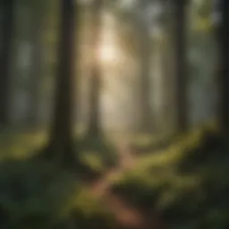 A serene forest landscape showcasing diverse tree species and wildlife