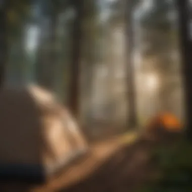 Camping setup with a tent nestled among tall trees