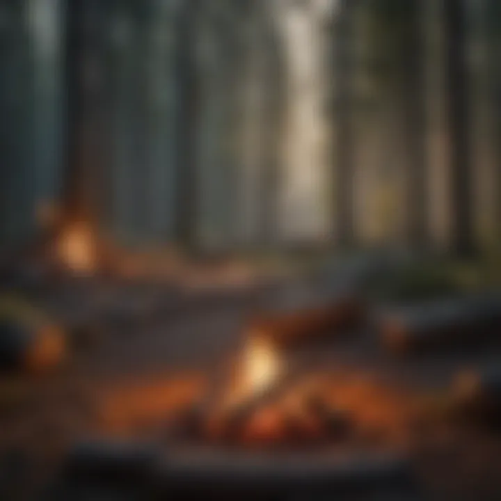 Campfire surrounded by pine trees at dusk