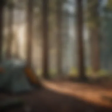 A well-equipped campsite nestled among ponderosa pines, featuring a tent and campfire ready for use.