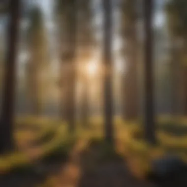 A serene view of a ponderosa pine forest at sunrise, showcasing towering trees and a golden glow.