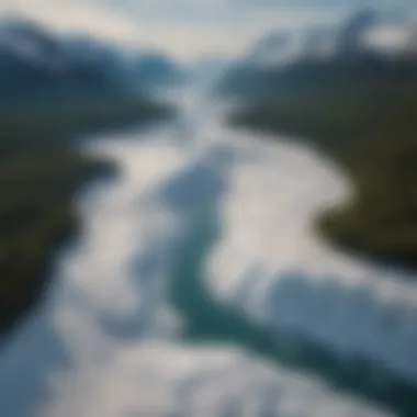 Aerial view highlighting the retreating edge of Portage Glacier.