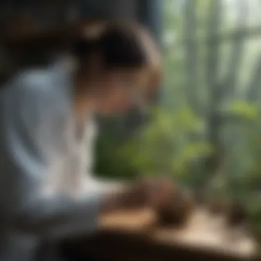 Research and Conservation of Rare Flora A researcher examining a rare plant specimen in a laboratory setting, emphasizing conservation efforts.