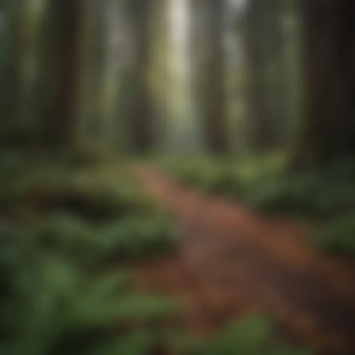 A serene forest floor covered with ferns and fallen leaves in a redwood grove