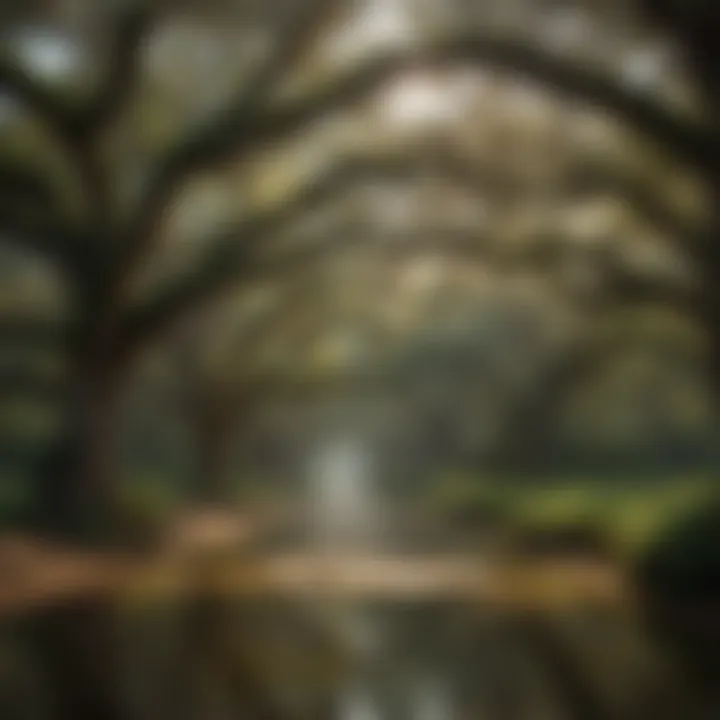 A serene park setting featuring southern oaks