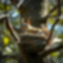A close-up view of a squirrel's nest nestled in the branches of a tree.