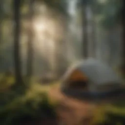 A serene campsite nestled among tall trees, showcasing the beauty of nature.