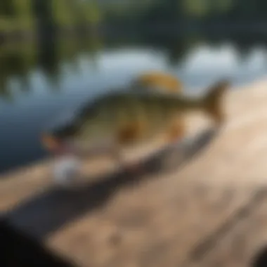 A close-up of a bass fishing lure resting on a wooden dock