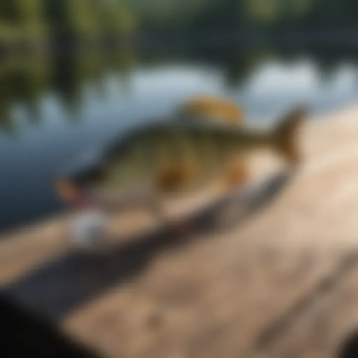 A close-up of a bass fishing lure resting on a wooden dock