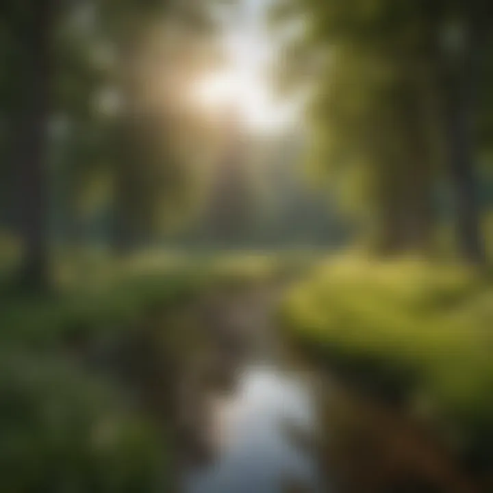 A serene view of the meadows surrounded by lush greenery