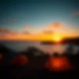 Serene bay view at sunset with camping tents