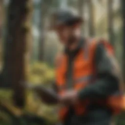 Forest engineer conducting resource assessment in a lush woodland