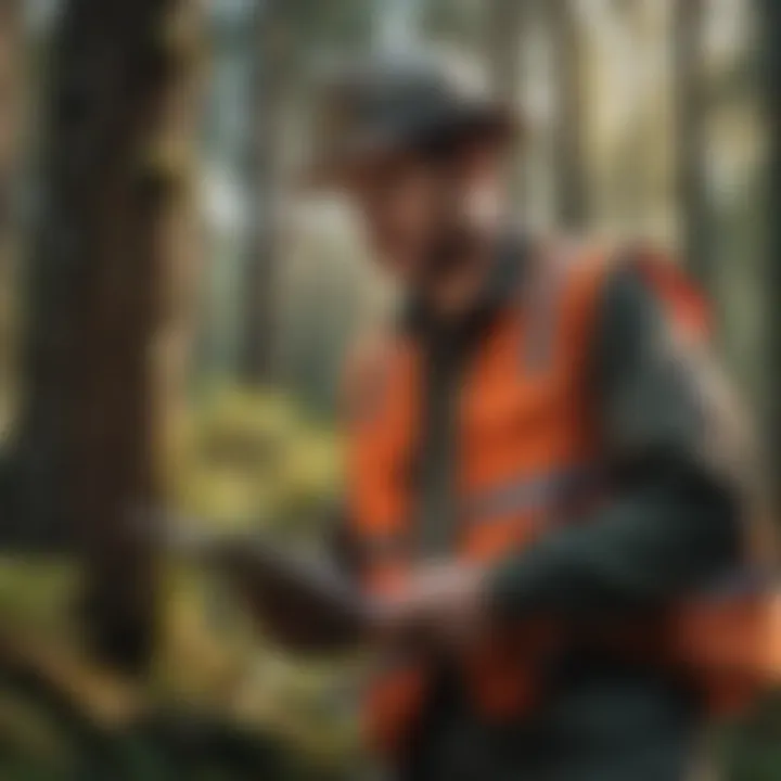 Forest engineer conducting resource assessment in a lush woodland