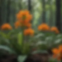 A vibrant patch of orange milkweed in a lush forest environment