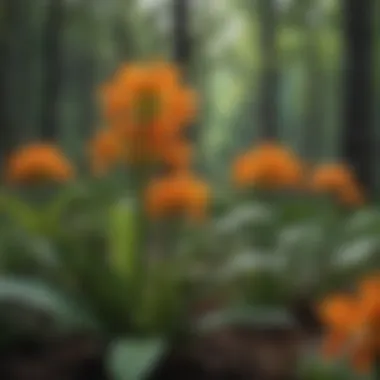 A vibrant patch of orange milkweed in a lush forest environment