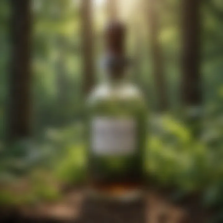 Close-up of a herbal tincture in a glass bottle with herbs in the background