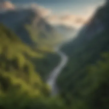 Majestic Mountain Valley A panoramic view of a lush green valley framed by majestic mountains