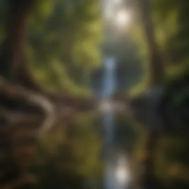 Sunlight filtering through trees onto a serene pool at the base of a waterfall.