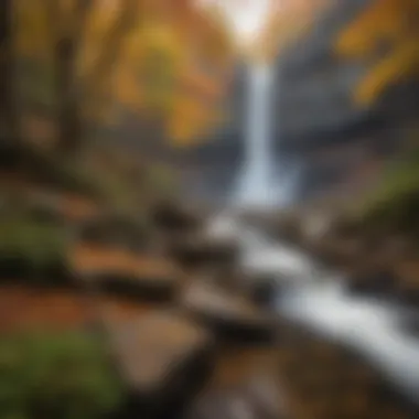 A breathtaking view of a cascading waterfall surrounded by vibrant autumn foliage.