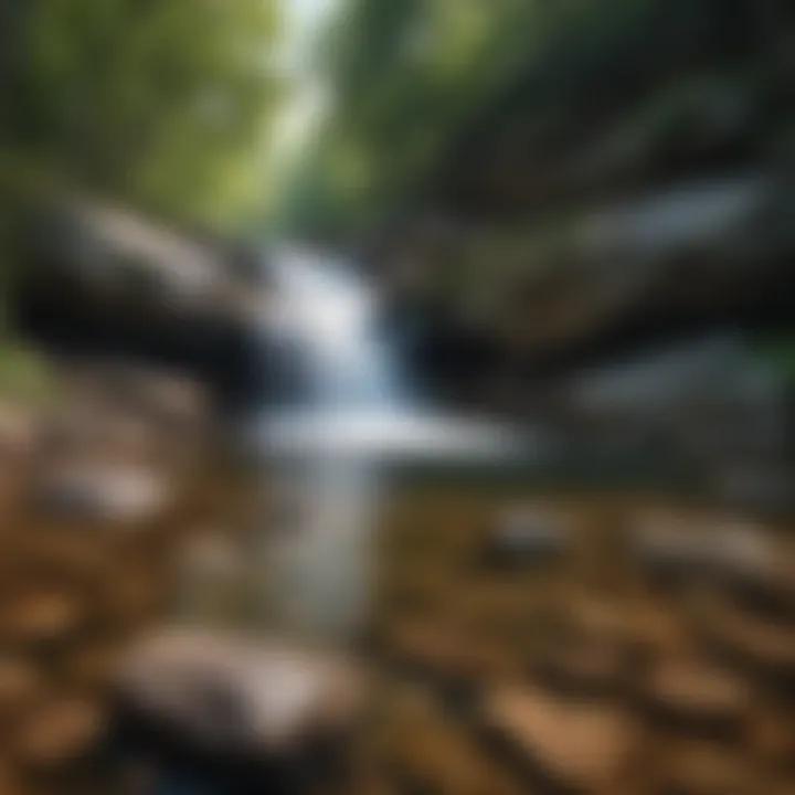 Close-up of a serene waterfall flowing over smooth rocks, highlighting the crystal-clear water.