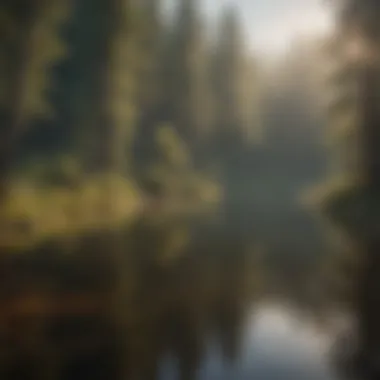 A tranquil lake reflecting the surrounding wilderness and sky