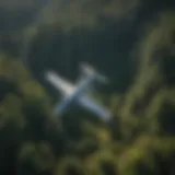 Aerial view of a lush forest with advanced aircraft