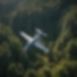 Aerial view of a lush forest with advanced aircraft