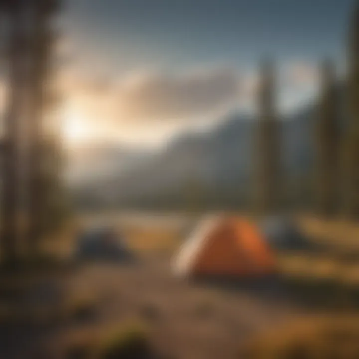 Scenic view of Yellowstone camping site with pine trees and mountains in background