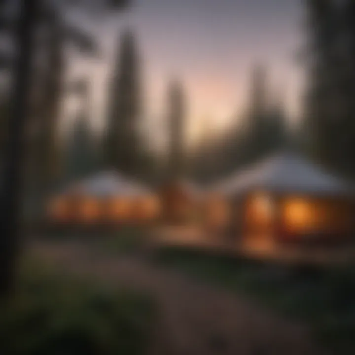 A group of yurts set against a sunset backdrop in Oregon