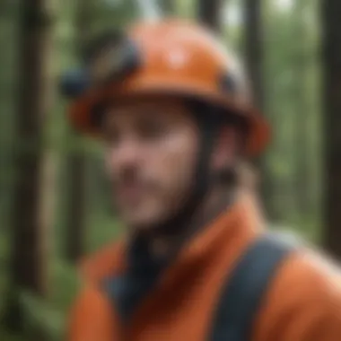 A five alarm leather chin strap attached to a hard hat in a forestry setting