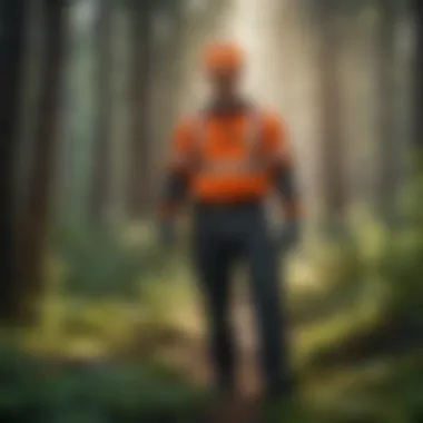 Flagger coordinating work in a forest setting