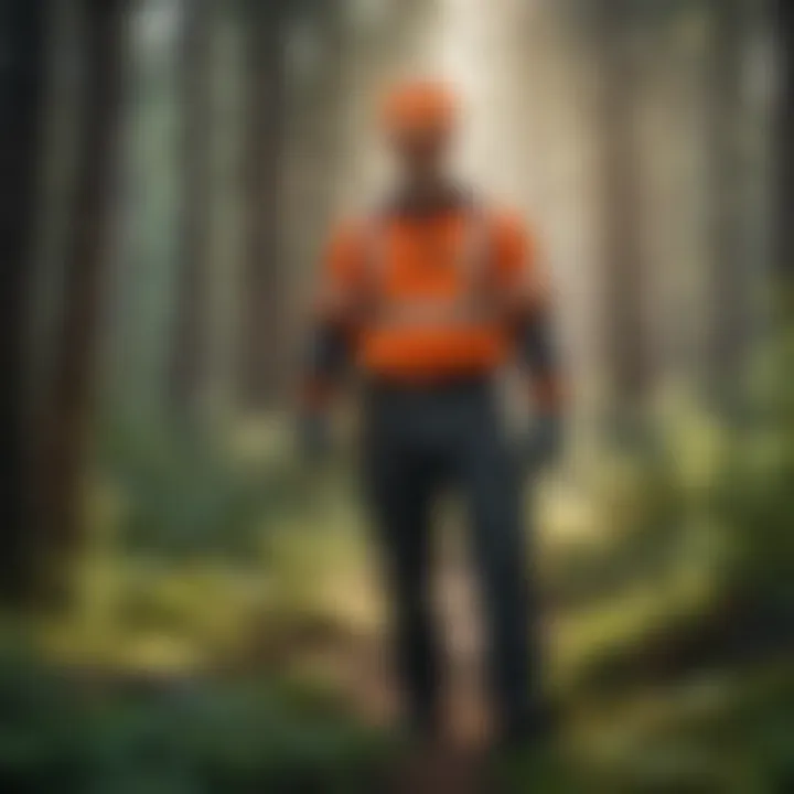 Flagger coordinating work in a forest setting