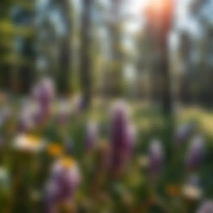A scenic view showcasing wildflowers against a backdrop of a forest
