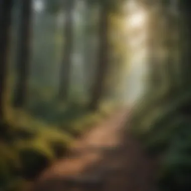 A serene forest trail surrounded by towering trees