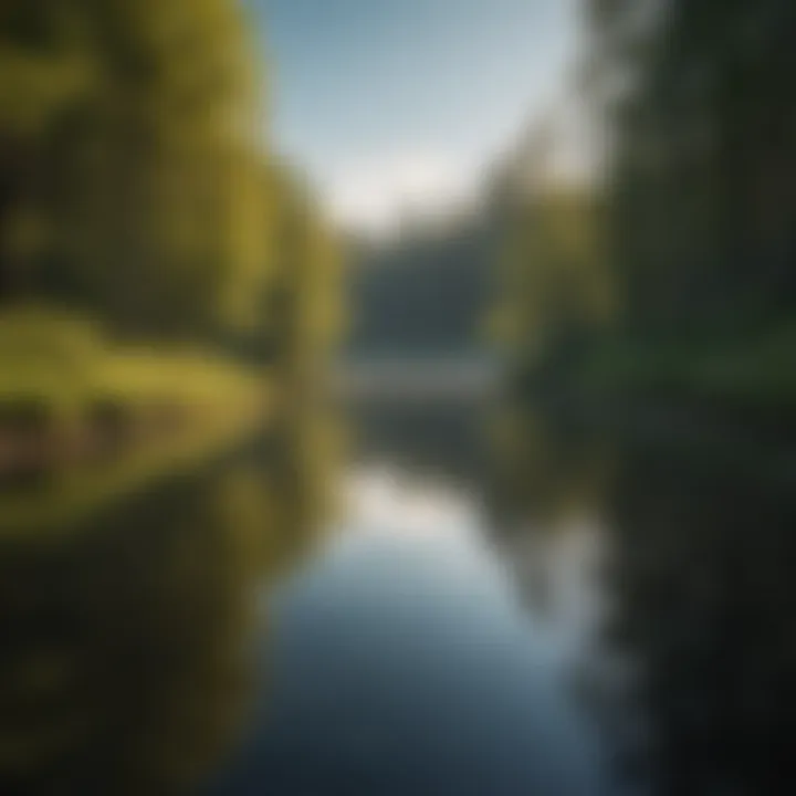 A tranquil lake reflecting the surrounding green landscape