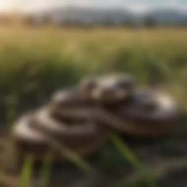 Rattlesnake coiled in grasslands