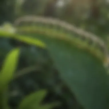 Close-up of milkweed leaves with caterpillars feeding on them.