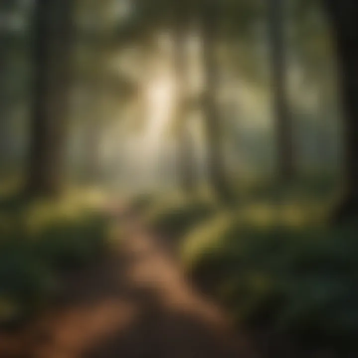 Serene forest scene with sunlight filtering through trees