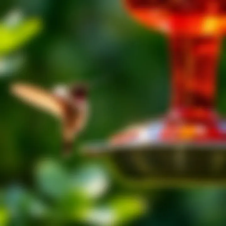 A close-up of a hummingbird feeder filled with nectar, ready to welcome returning birds.