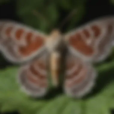 Close-Up of a Moth Highlighting Distinctive Features A close-up view of a moth on a leaf, illustrating its unique features and coloration.