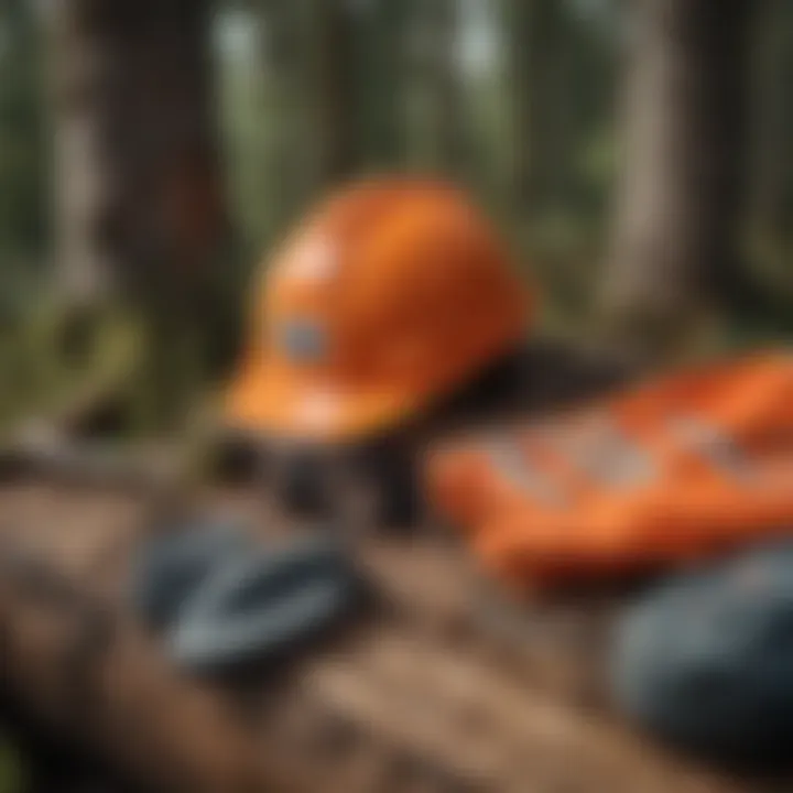 Safety gear and equipment laid out for tree felling operations.