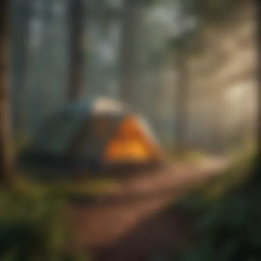 A serene forest campsite with a tent set up