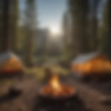 Cozy campsite setup with tents and campfire