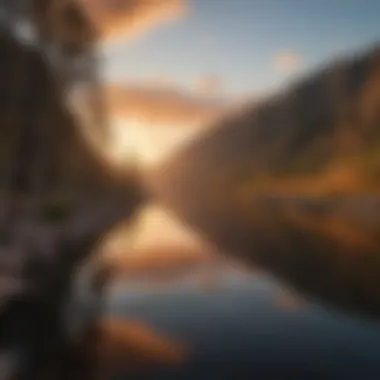 Beautiful sunset view over Lake Canyon, with reflections on the water and silhouettes of trees along the shore.