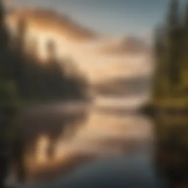 Serene Sunrise Over Long Lake A serene view of Long Lake at sunrise with mist over the water