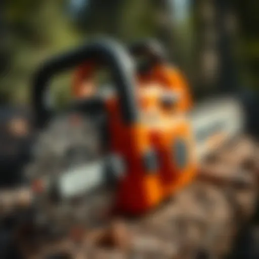 A close-up view of a lopping chainsaw showcasing its intricate design and features.