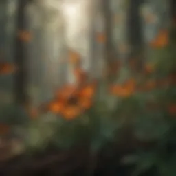 A vibrant scene of monarch butterflies clustered in a Mexican forest