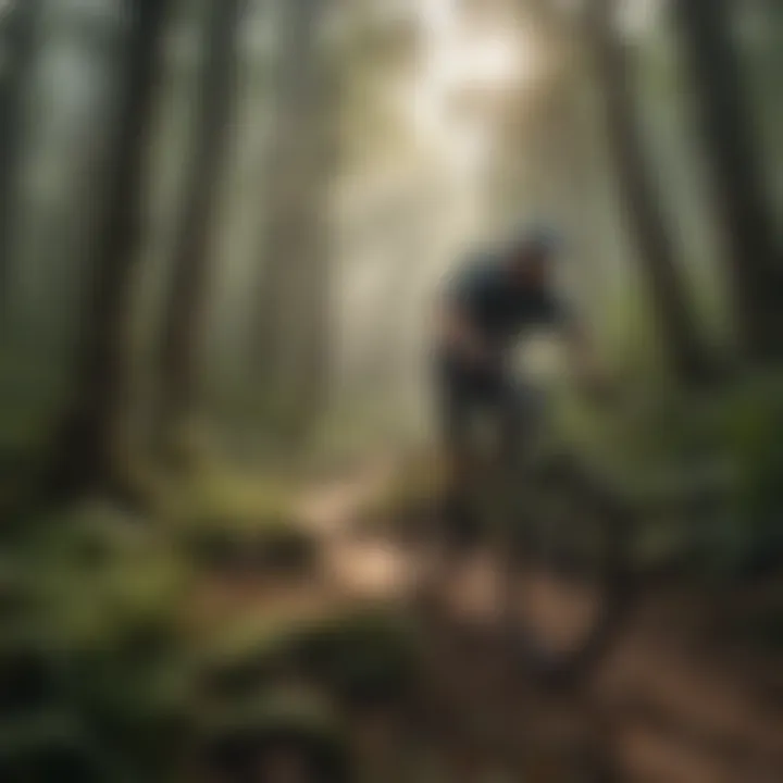 Cyclist navigating a challenging terrain in a lush forest